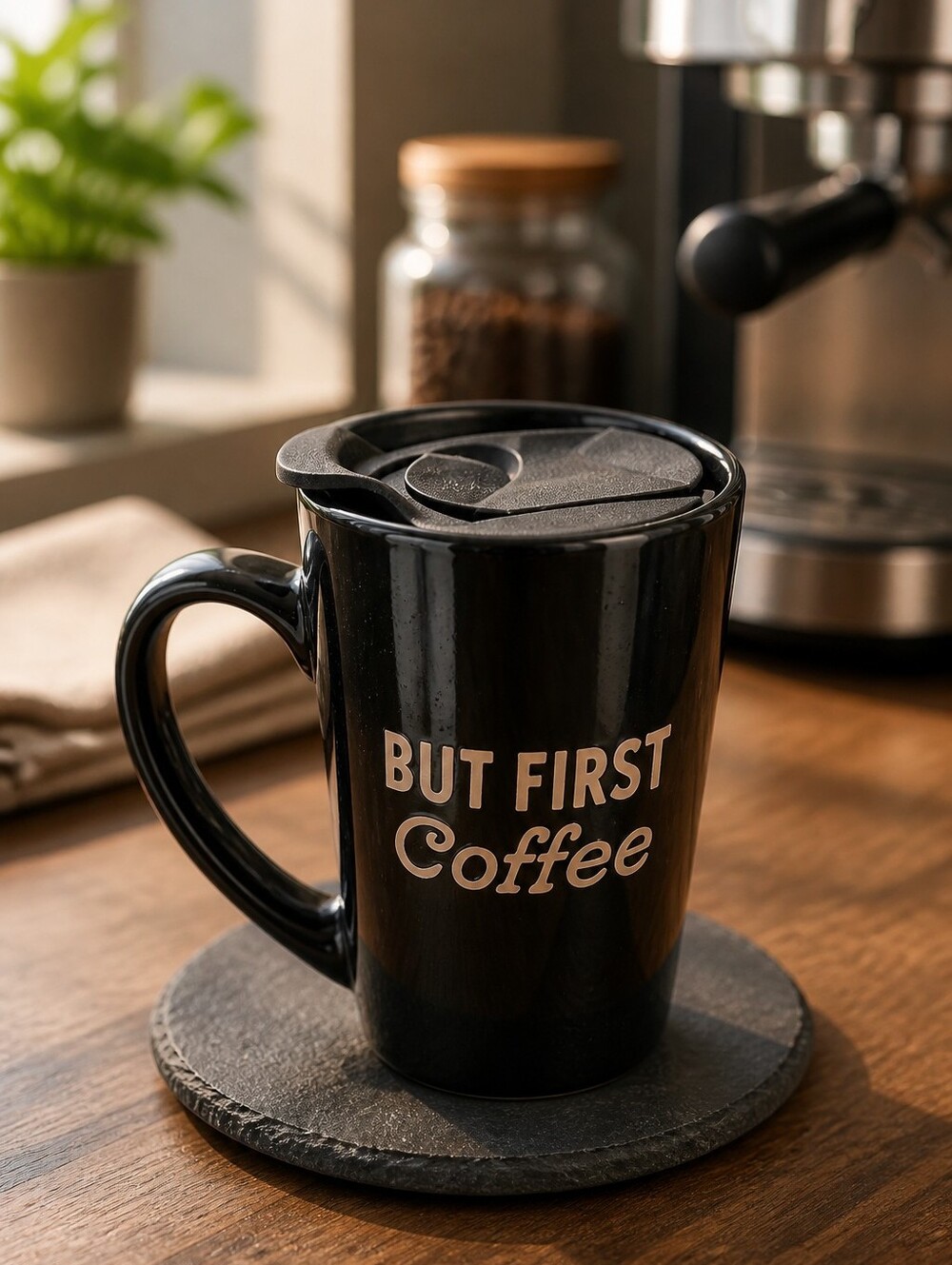 Black Coffee Mug with Lid